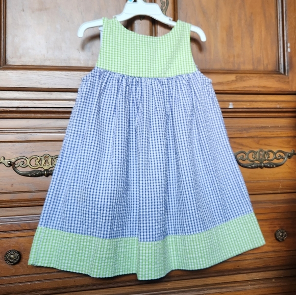 Vintage Rare Editions Girl's Embroidered Seersucker Dress, Green/Blue, Size: 4T - Picture 3 of 7